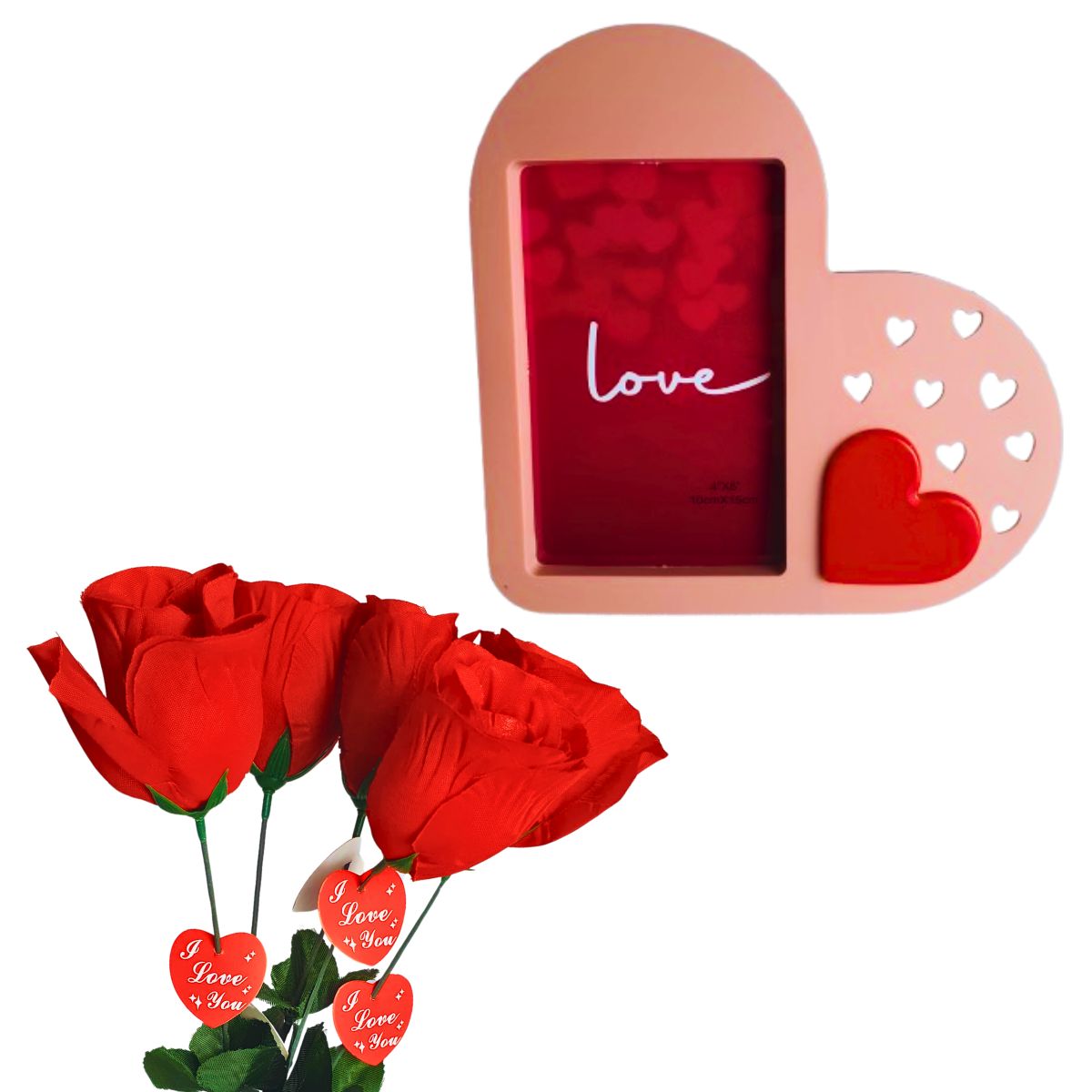 Kit Porta Retrato Coração Rosa Amor Love + 5 Botões de Rosas Artificiais Embalado Celofane C/ Tag Kit Porta Retrato Coração Rosa Amor Love + 5 Botões de Rosas Artificiais Embalado Celofane C/ Tag